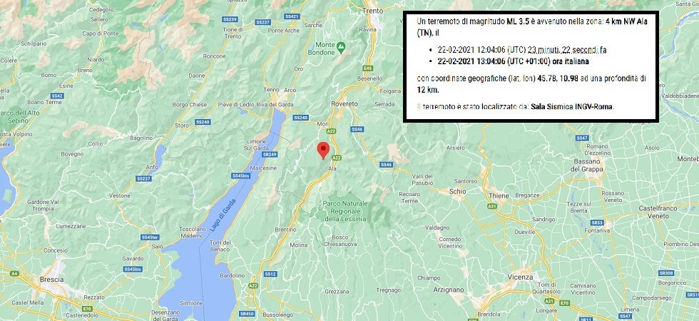 Terremoto sopra Ala di magnitudo 3.5